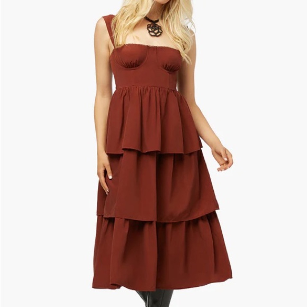 WeWoreWhat Corset Ruffle Tiered Midi Dress Brown